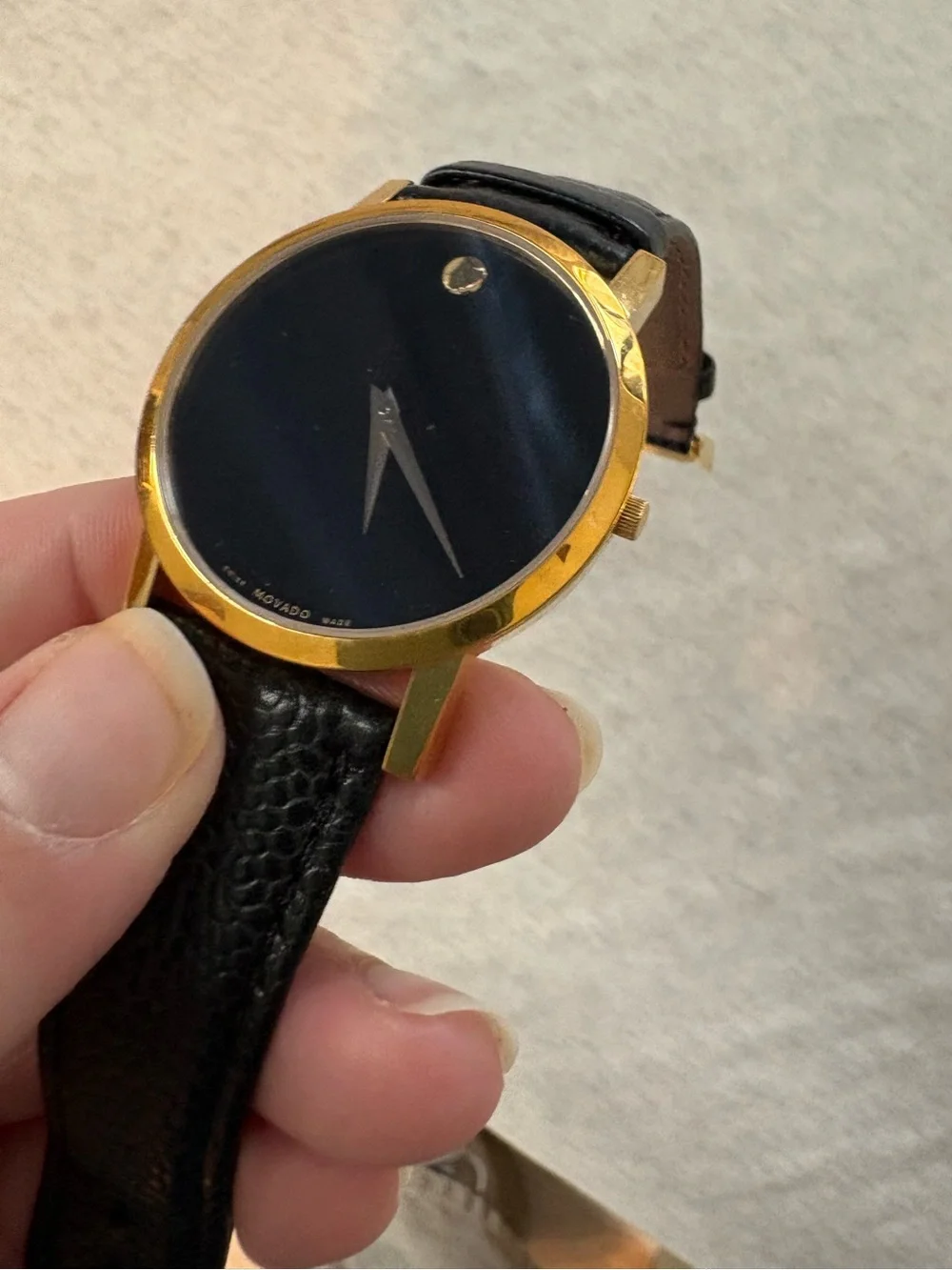 movado Gold Case Black Dial Leather Strap Watch